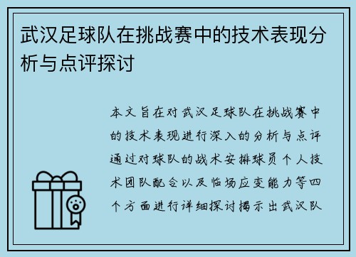 武汉足球队在挑战赛中的技术表现分析与点评探讨